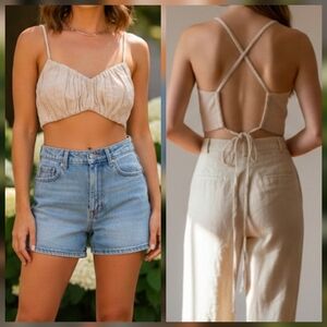 RUMER Nude Camille Ruched Linen Crop Top - 100% Linen - Size S - NWT